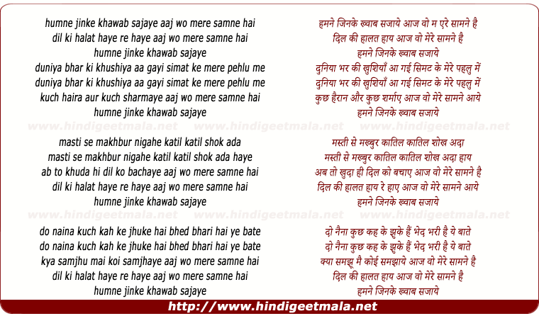 lyrics of song Humne Jinke Khwab Sajaye Aaj Wo Mere Samne Hai