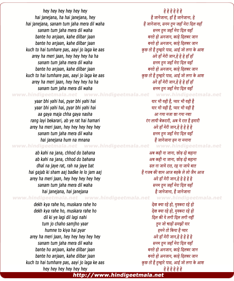 lyrics of song Sanam Tum Jahan Mera Dil Waha, Bante Ho Anjan