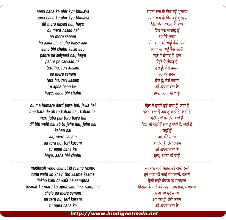 lyrics of song Apana Banake Phir Kyu Bhulaya