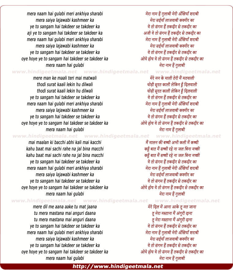 lyrics of song Mera Naam Hai Gulabi, Meri Aankhiya Sharabi