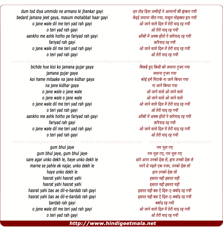 lyrics of song O Jaane Wale Dil Mein Teri Yaad Rah Gayi