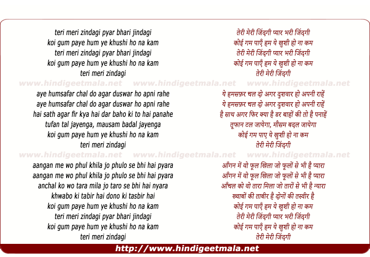 lyrics of song Teri Meri Zindagi Pyar Bhari Zindgi