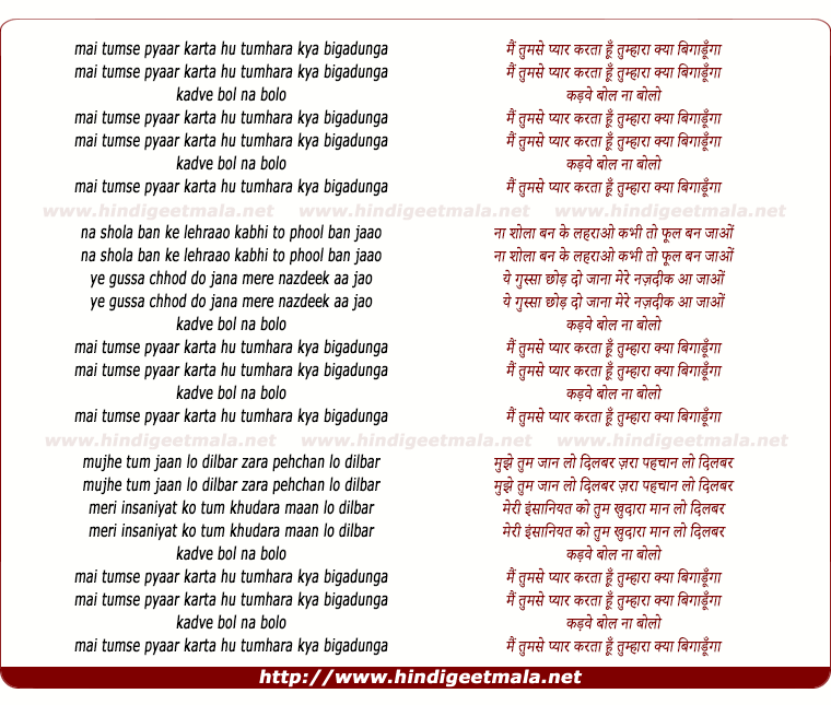 lyrics of song Main Tumse Pyar Karta Hu Tumhara Kya Bigadunga