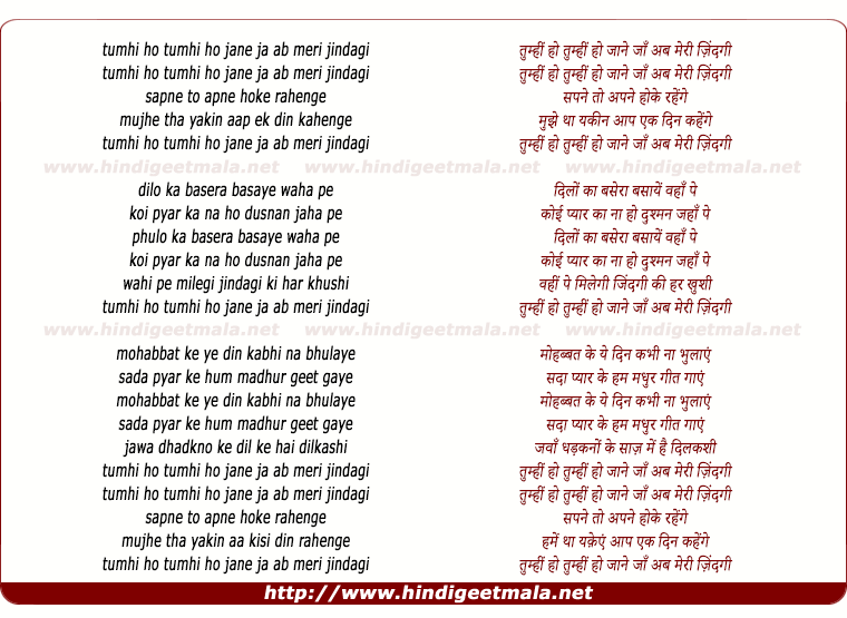 lyrics of song Tumhi Ho Tumhi Ho Jane Jaan Ab Meri Jindagi