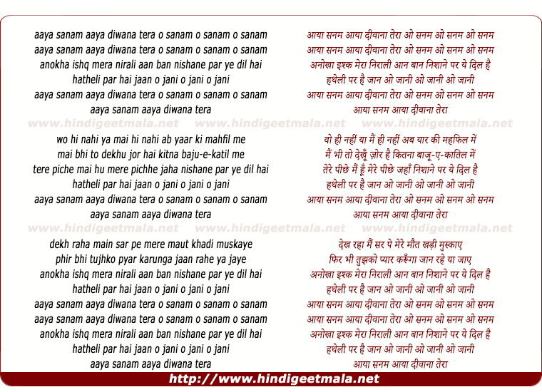 lyrics of song Aaya Sanam Aaya Diwana Tera Anokha Ishq Mera