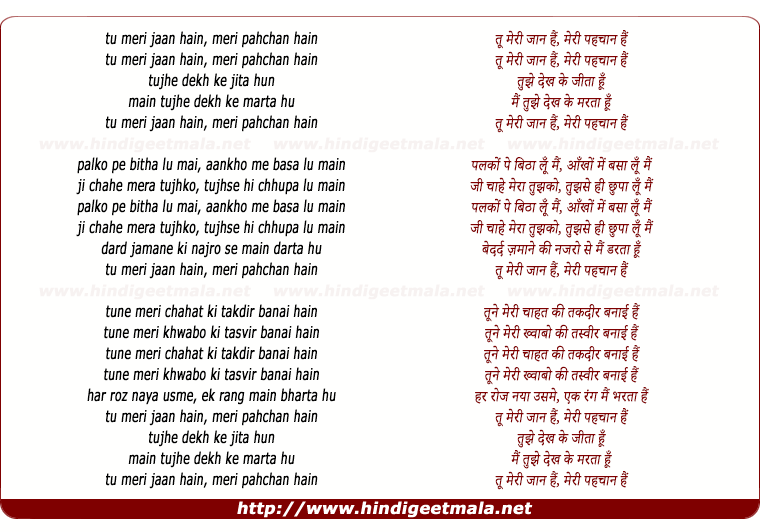 lyrics of song Tu Meri Jaan Hai Meri Pahchan Hai