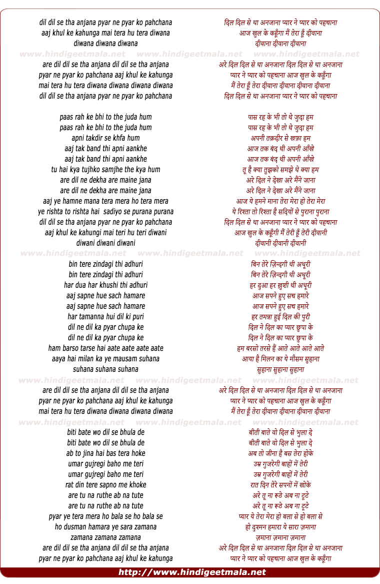 lyrics of song Dil Dil Se Tha Anjana Pyar Ne Pyar Ko Pehchana