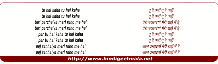 lyrics of song Tu Hai Kahaan, Teri Parchhaiya