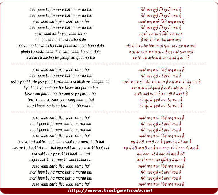lyrics of song Meri Jaan Tujhe Mere Hatho Marna