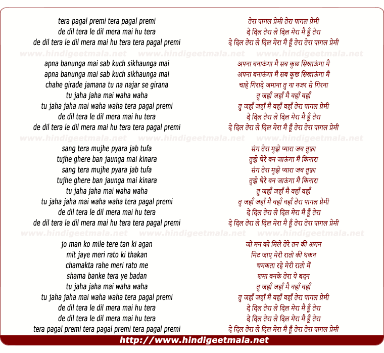 lyrics of song Tera Pagal Premi