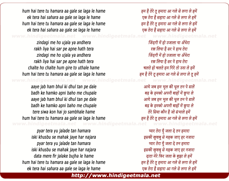 lyrics of song Hum Hai Tere Tu Hamara Aa Gale Se Laga Le Hame