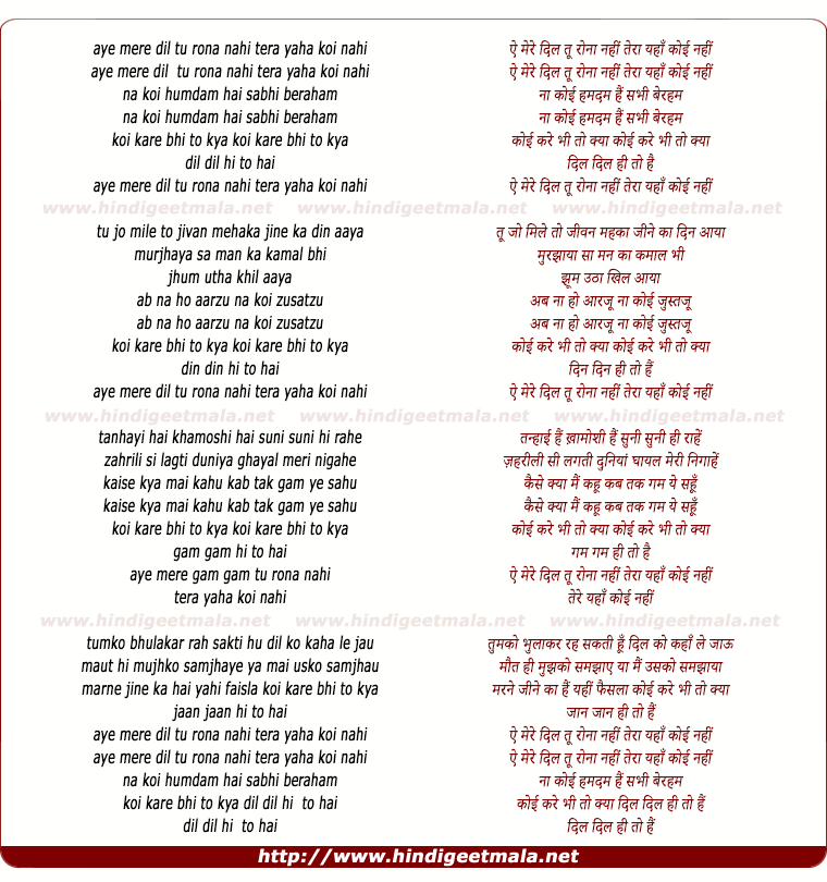 lyrics of song Ae Mere Dil Tu Rona Nahi Tera Yaha Koi Nahi