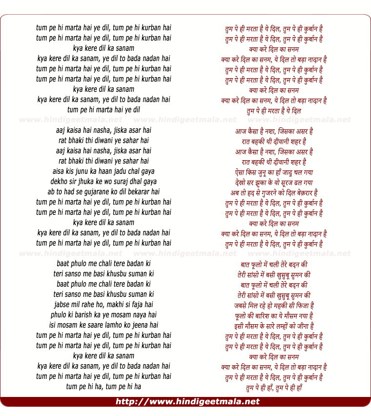 lyrics of song Tum Pe Hi Marta Hai Ye Dil, Tum Pe Hi Kurban Hai