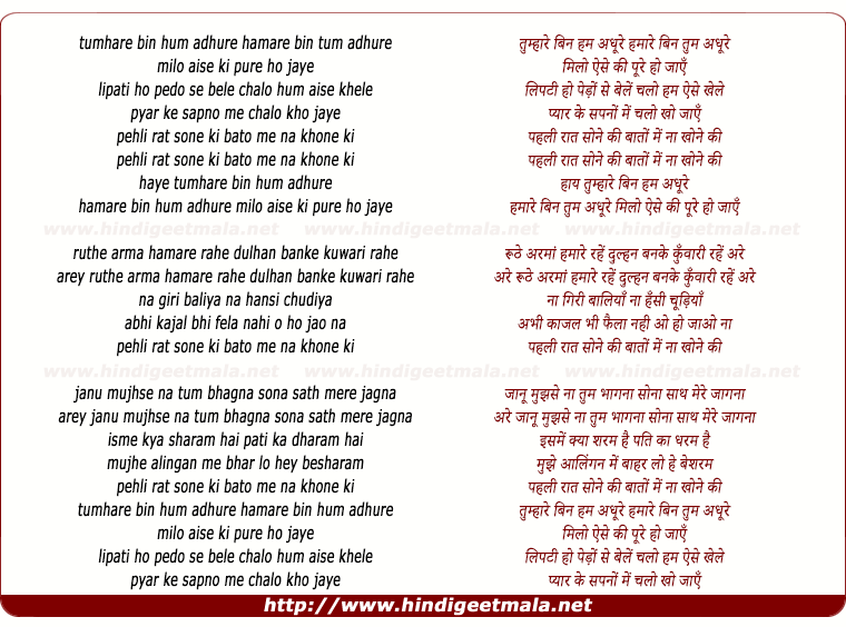 lyrics of song Tumhare Bin Hum Adhoore, Humare Bin Tum Adhoore