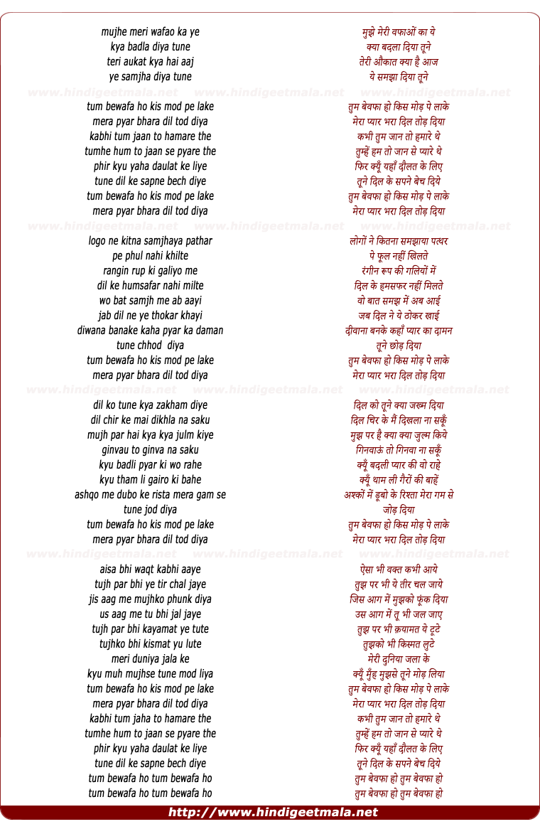 lyrics of song Tum Bewafa Ho, Kis Mod Pe Laake Mera Pyar Bhara Dil Tod Diya