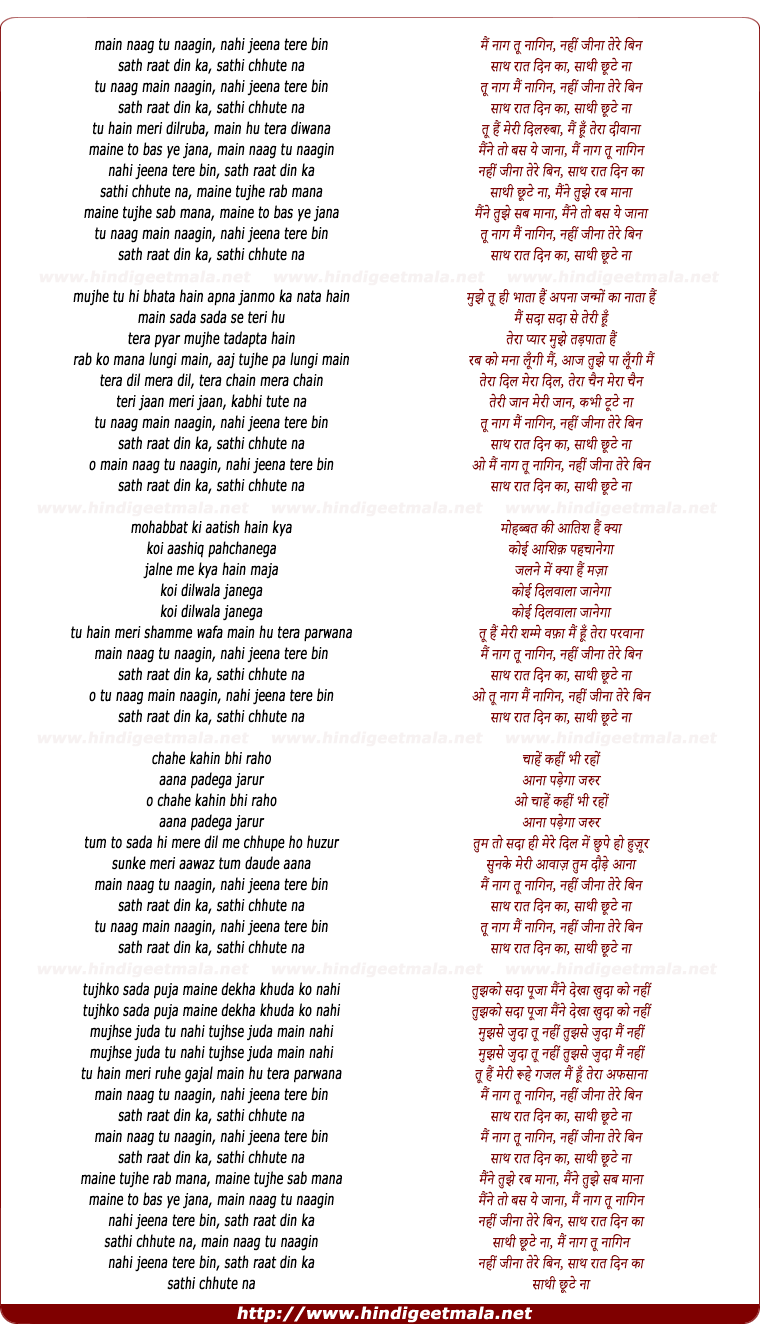 lyrics of song Tu Naag Mai Nagin
