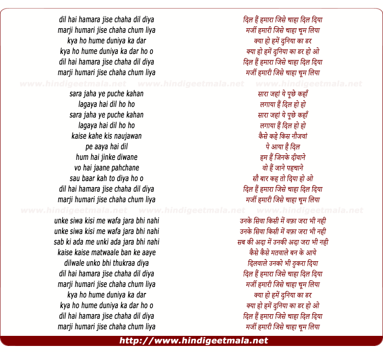 lyrics of song Dil Hai Hamara