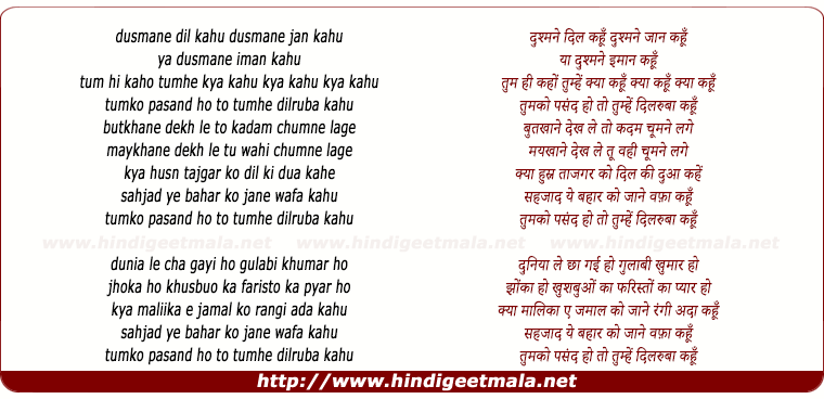 lyrics of song Tumko Pasand Ho Toh Tumhe Dilruba Kahu