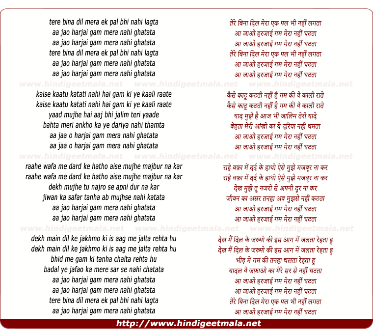 lyrics of song Tere Bina Dil Mera Ik Pal Nahi Lagta