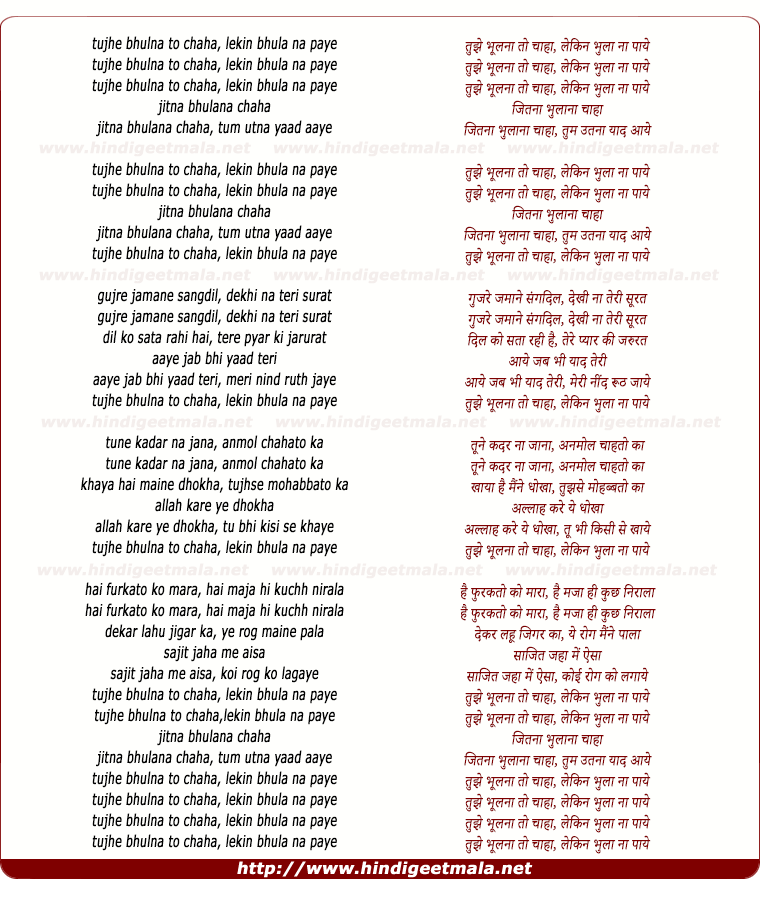 lyrics of song Tujhe Bhulna To Chaha Lekin Bhula Na Paye