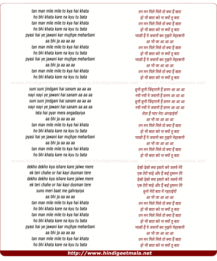 lyrics of song Tan Man Mile To Kya Hai Khata
