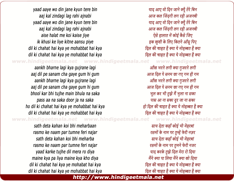 lyrics of song Yaad Aaye Woh Din Jaane Kyu Tere Bin