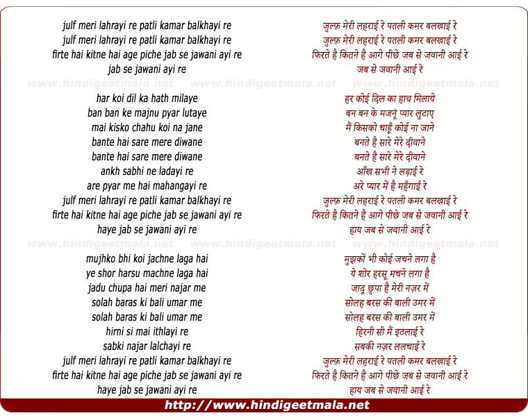 lyrics of song Zulf Meri Lehrai Re Patli Kamar Balkhayi Re
