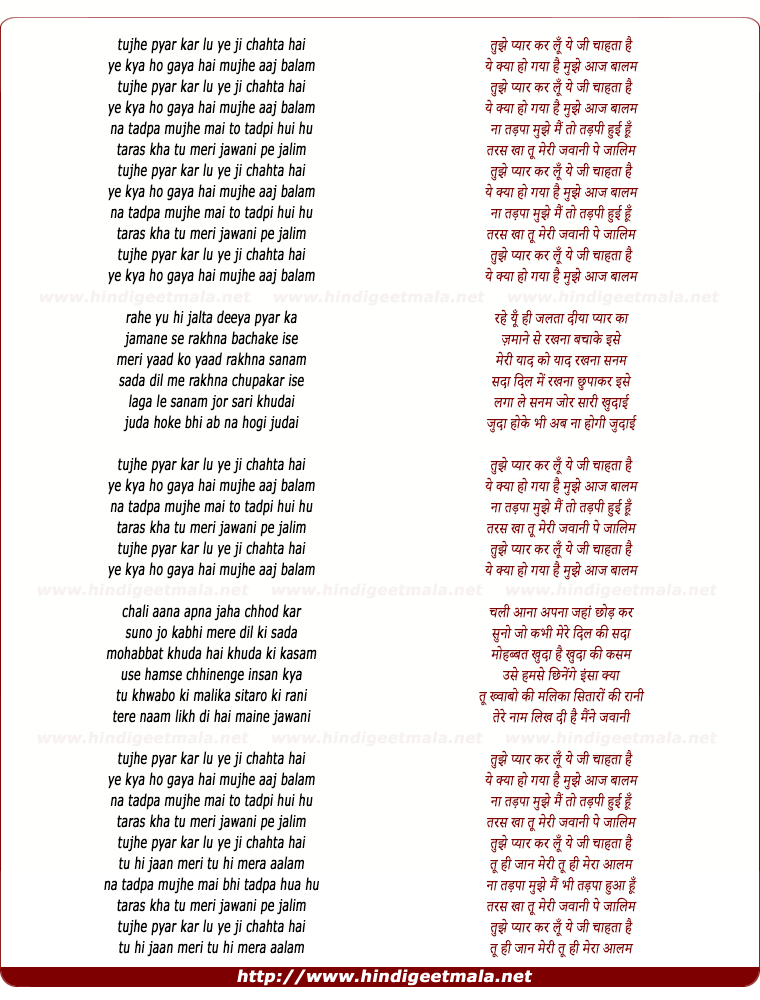 lyrics of song Tujhe Pyar Karlu Ye Ji Chahta Hai