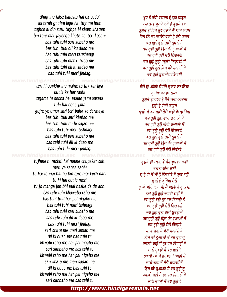 lyrics of song Bas Tu Hi Bas Tu Hi