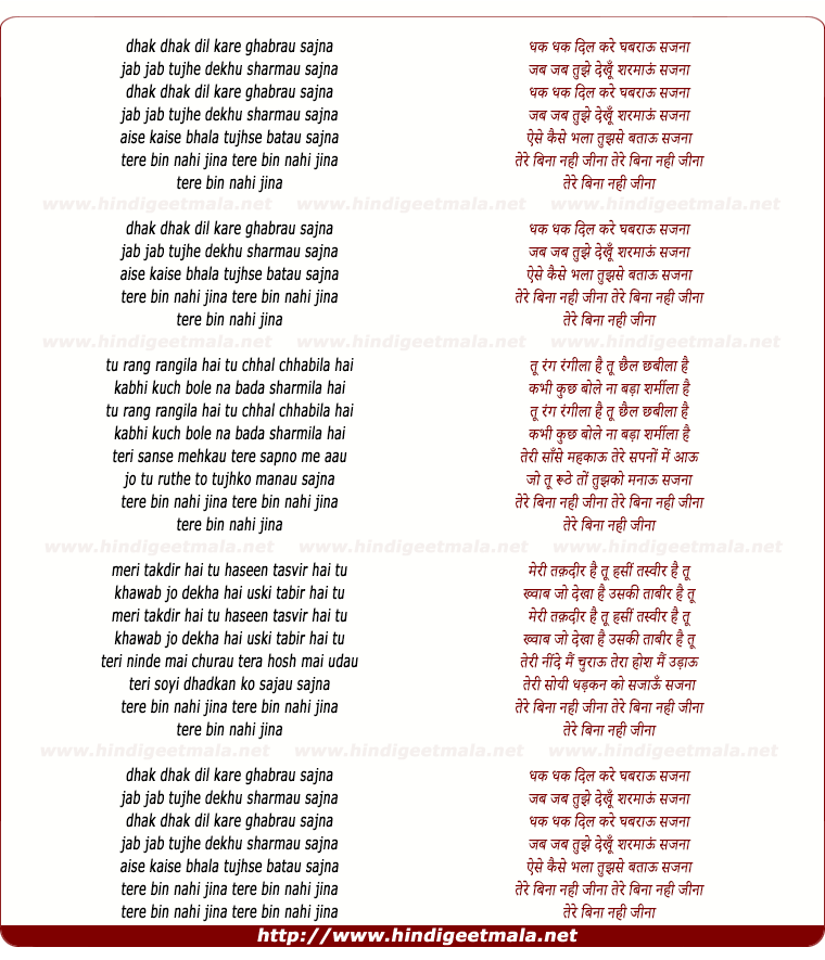 lyrics of song Tere Bin Nahin Jeena