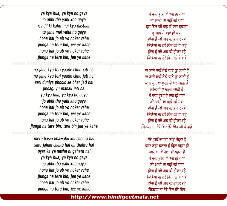 lyrics of song Ye Kya Hua, Ye Kya Ho Gaya Jo Abhi Tha Yahi Kho Gaya
