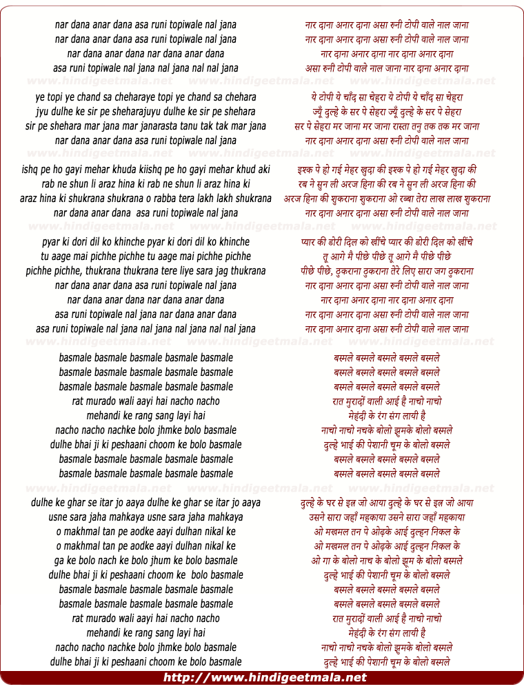lyrics of song Naar Dana Anar Dana Asa Runi Topi Wale Naal Jana
