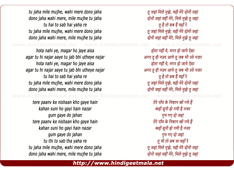 lyrics of song Tu Jaha Mile Mujhe Vahi Mere Dono Jaha (Male)