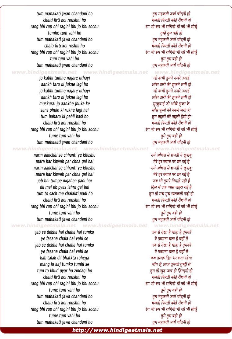 lyrics of song Tum Mahakti Jawaan Chandni Ho