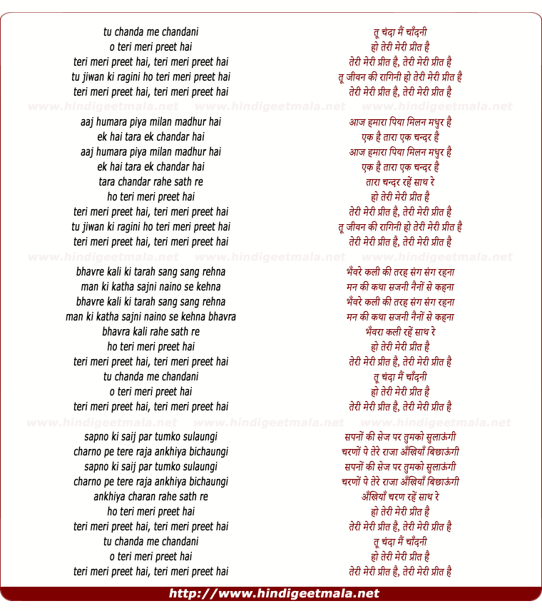 lyrics of song Tu Chanda Mai Chandani Ho Teri Meri Preet Hai
