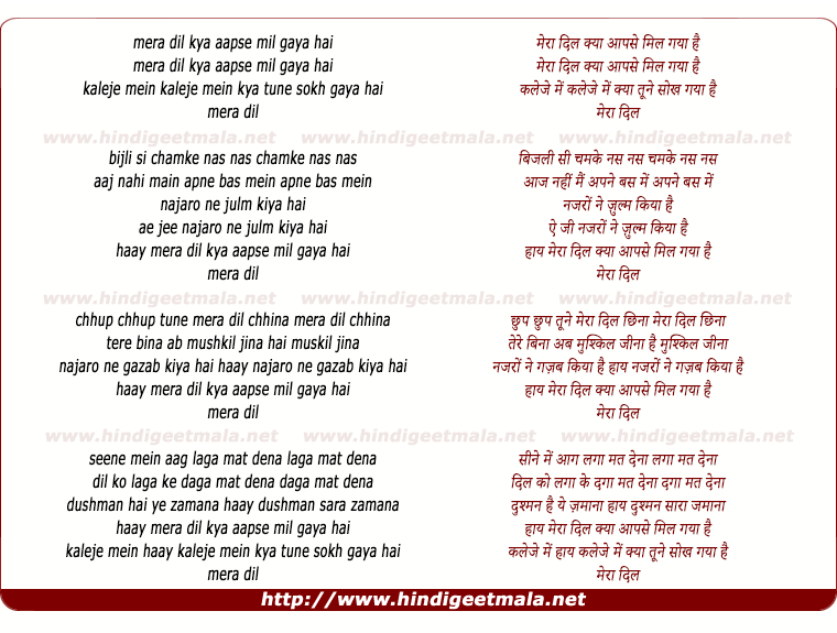 lyrics of song Mera Dil Kya Aapse Mil Gaya