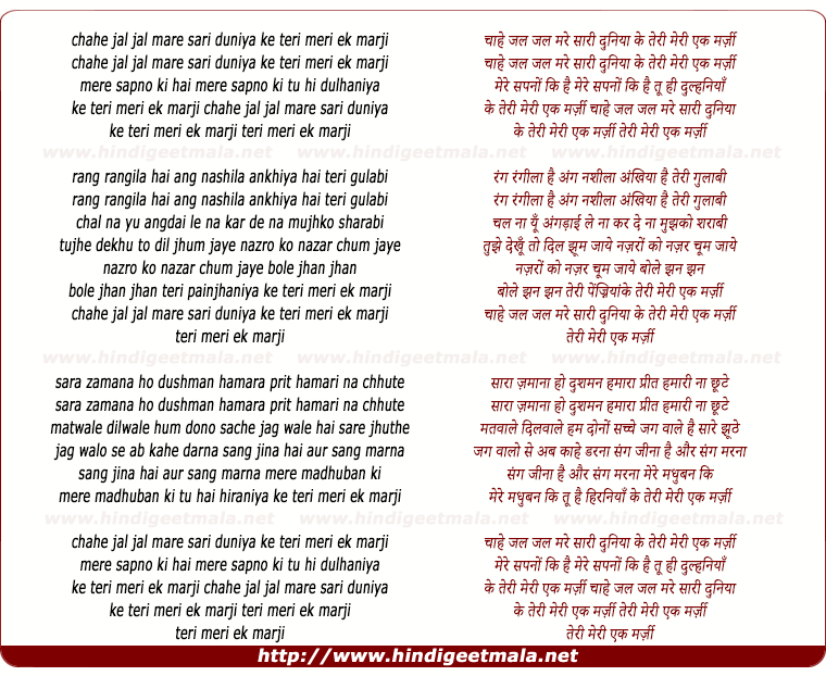 lyrics of song Chahe Jal Jal Mare Sari Duniya Ke Teri Meri Ek Marji