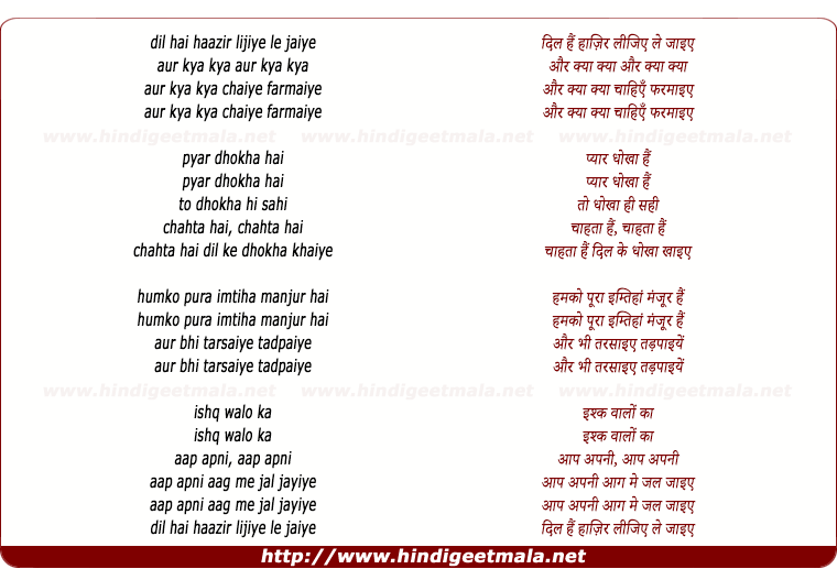 lyrics of song Dil Hai Haazir Lijiye
