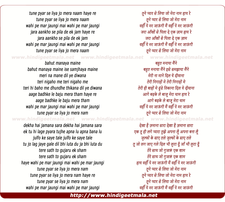 lyrics of song Tune Pyar Se Liya Jo Mera Naam