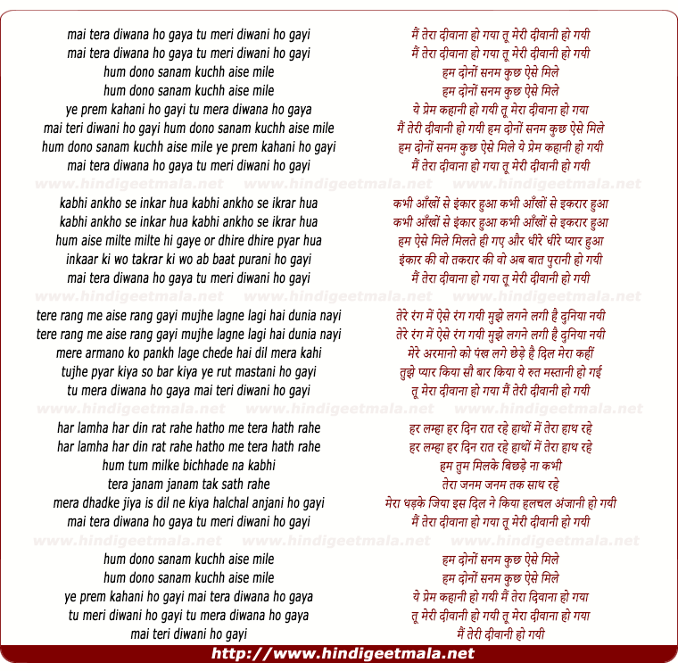 lyrics of song Mai Tera Diwana Ho Gaya