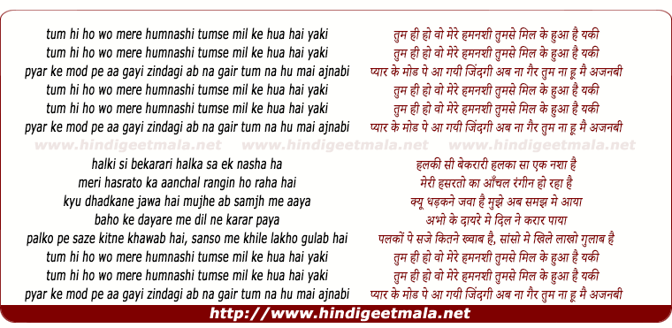 lyrics of song Tum Hi Ho Wo Mere Humnashi