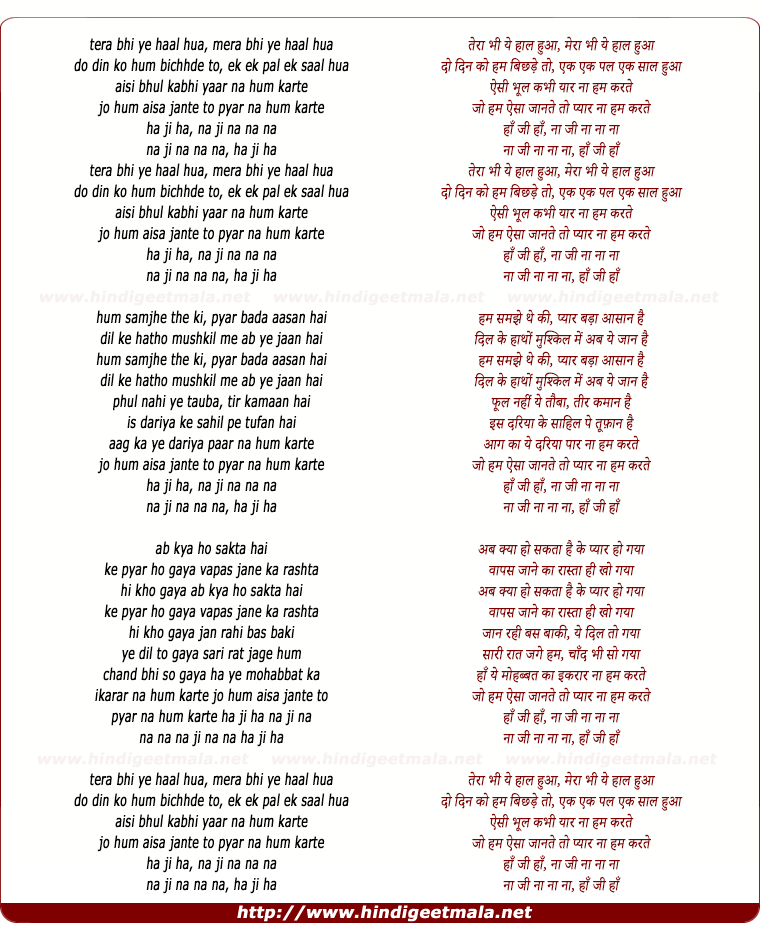 lyrics of song Tera Bhi Ye Haal Huya