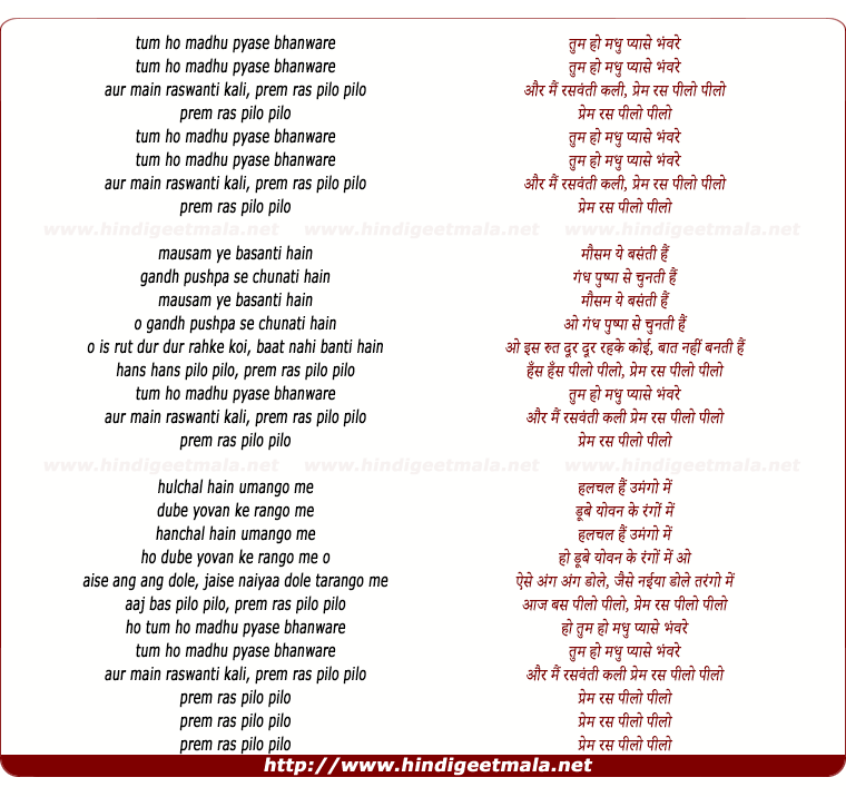 lyrics of song Tum Ho Madhu Pyase Bhanware
