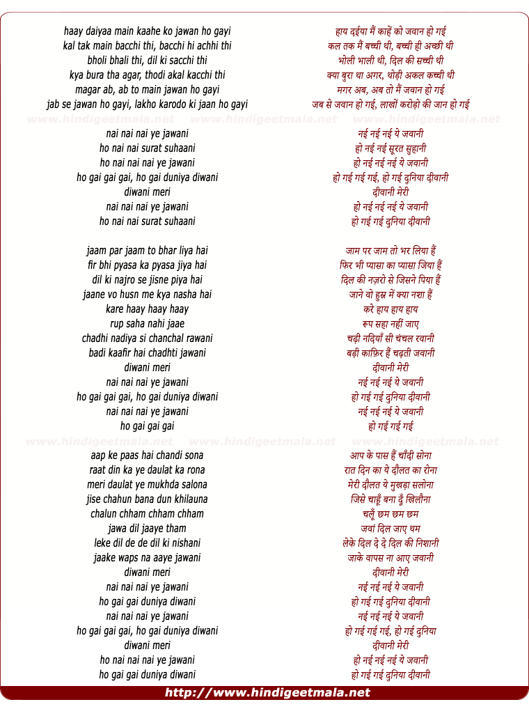 lyrics of song Nayi Nayi Ye Jawani