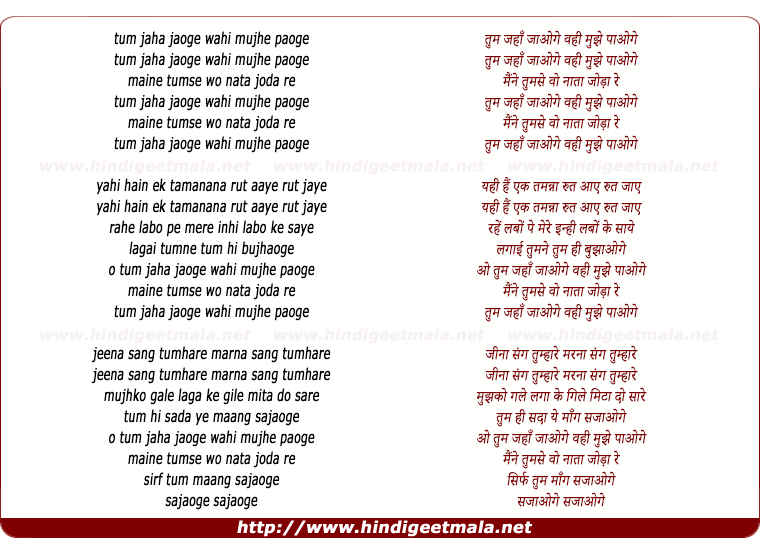 lyrics of song Tum Jaha Jaaoge