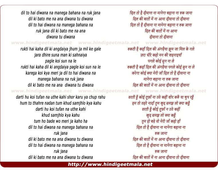 lyrics of song Dil To Hai Diwana Na Manega Bahana Na Ruk Jana