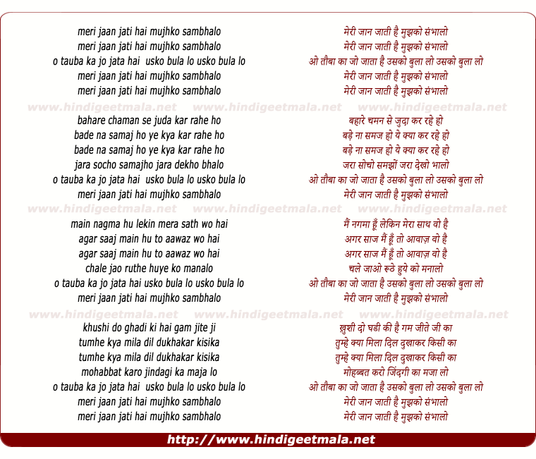 lyrics of song Meri Jan Jati Hai Mujhko Sambhalo