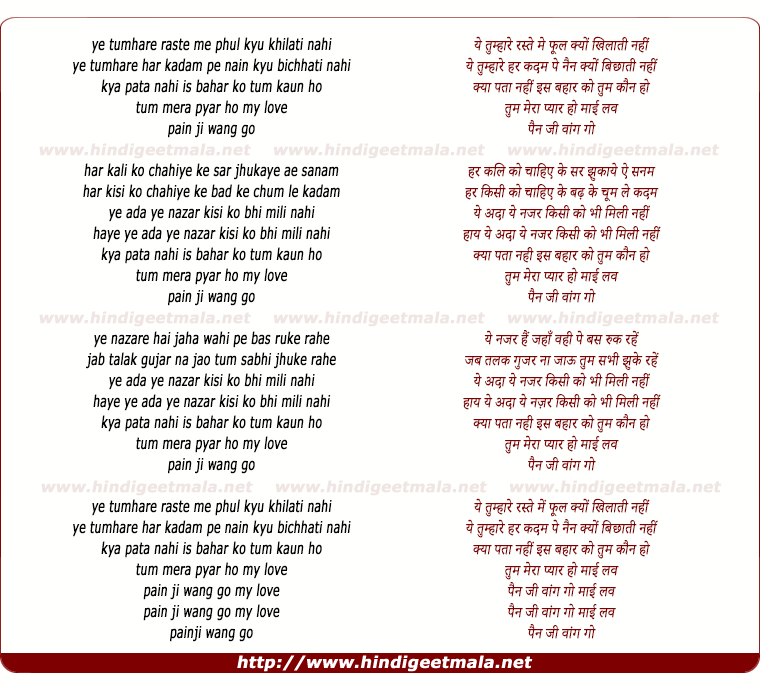 lyrics of song Ye Tumhare Raste Me Phool Kyu Khilati Nahi