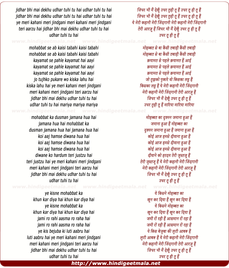 lyrics of song Jidhar Bhi Mai Dekhu Udhar Tu Hi Tu Hai