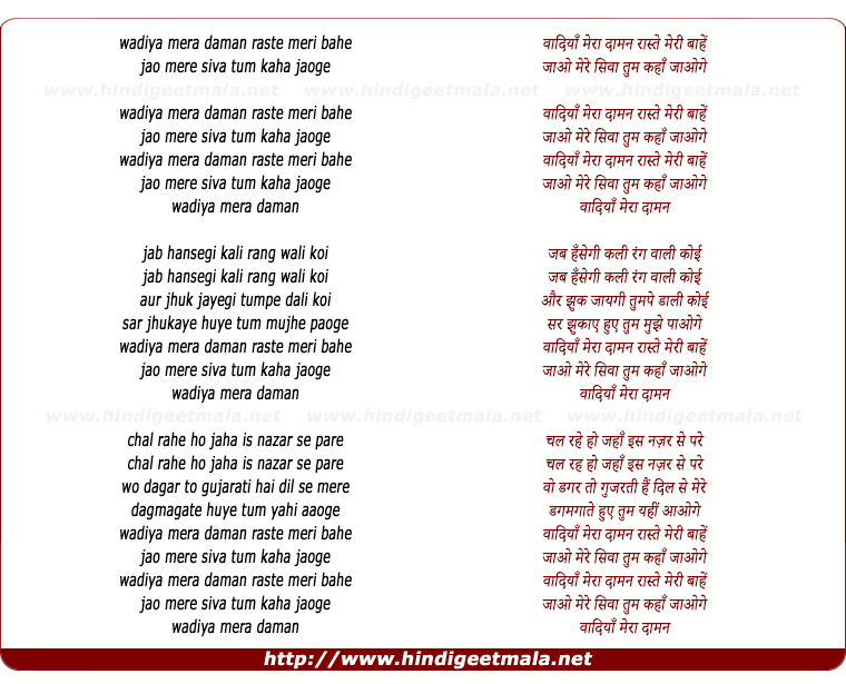 lyrics of song Wadiyan Mera Daman Raste Meri Baahe (Female)